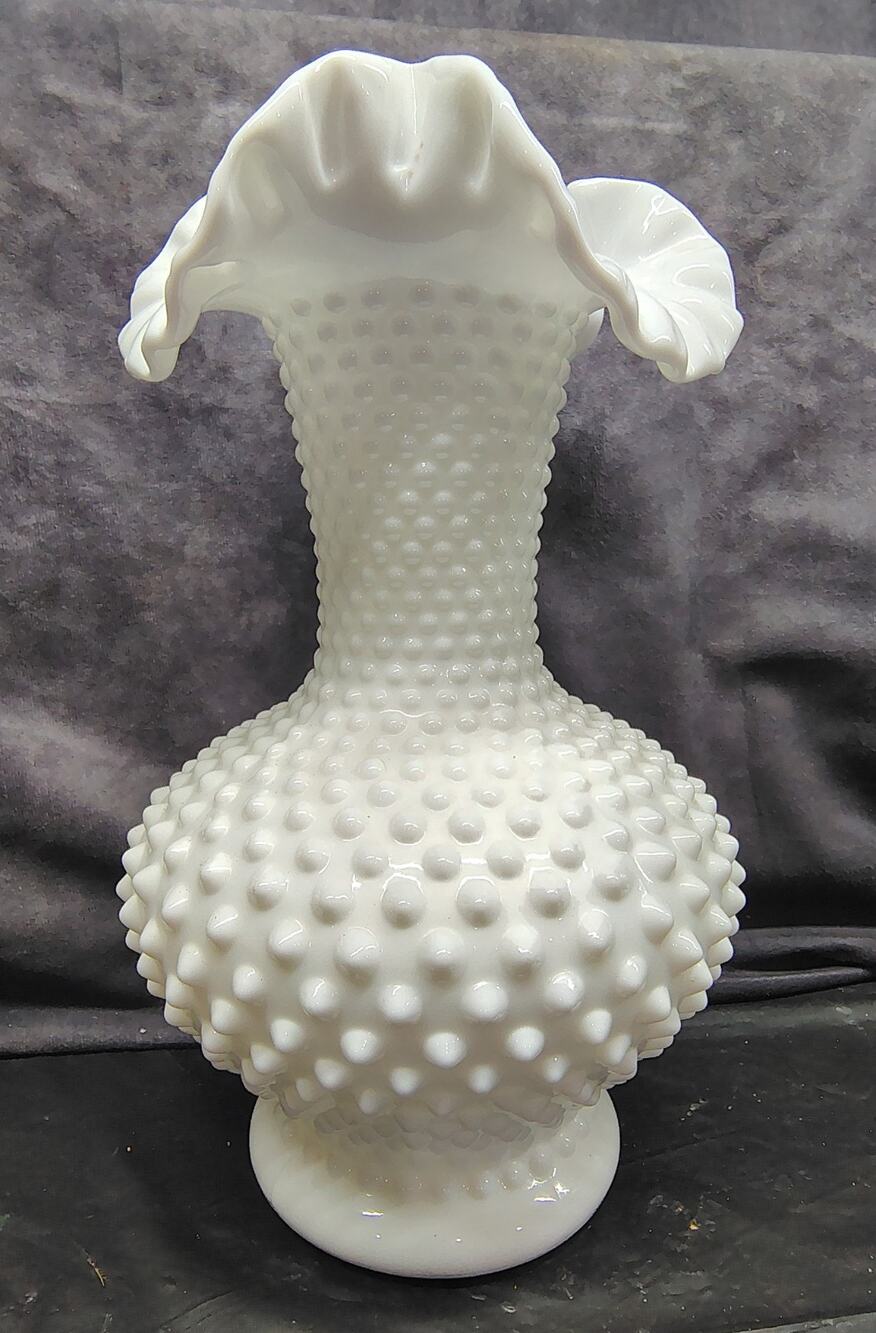 VTG Fenton White Milk Glass Hobnail Ruffled Crimped Rim Vase Large
